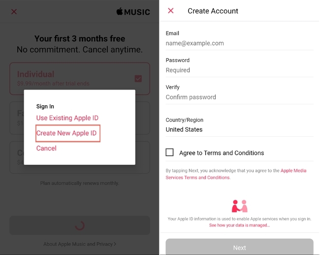 create an apple id in apple music for android