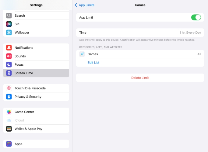 delete app limits on ipad