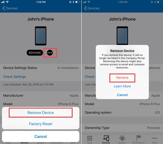 delete company portal on iphone