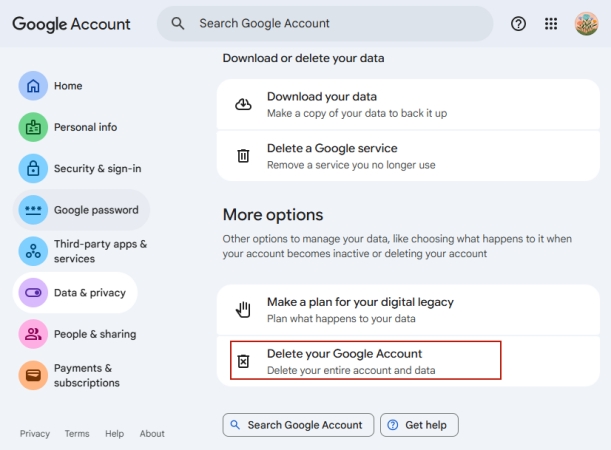 delete google account web
