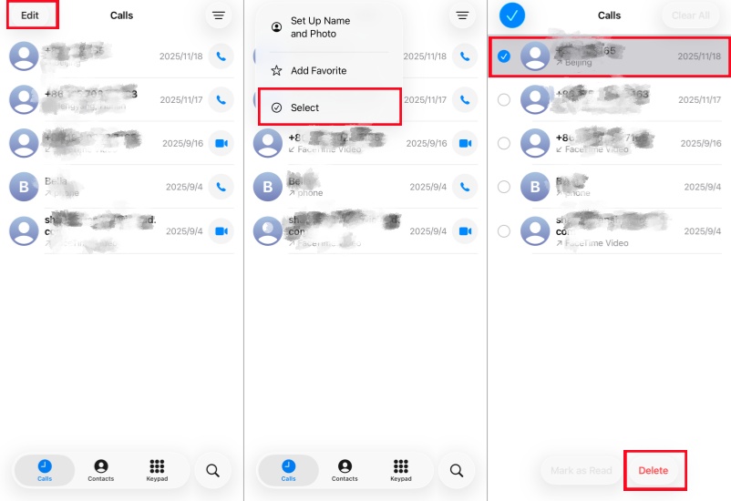 delete mutiple recent calls on iphone