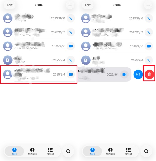delete one recent call