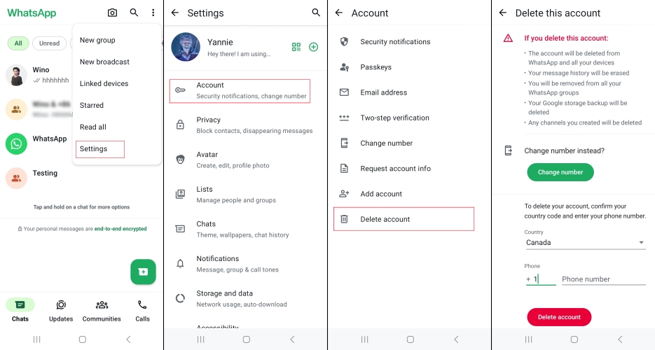 delete whatsapp account on android