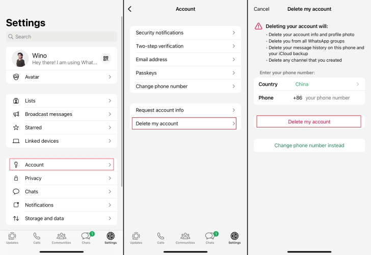 delete whatsapp account on iphone