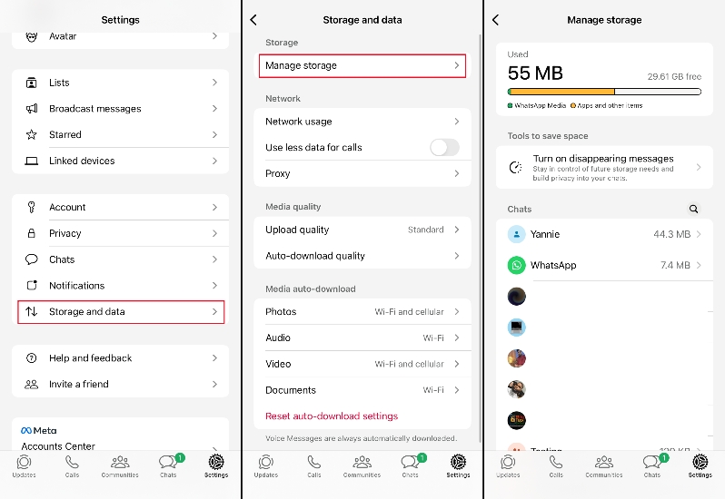 delete whatsapp documents and data on iphone