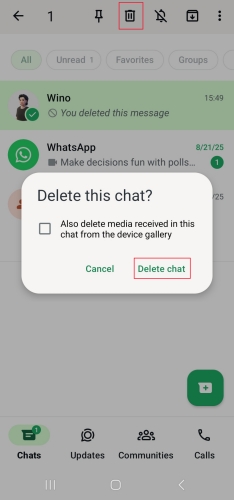 delete whatsapp individual chat on android