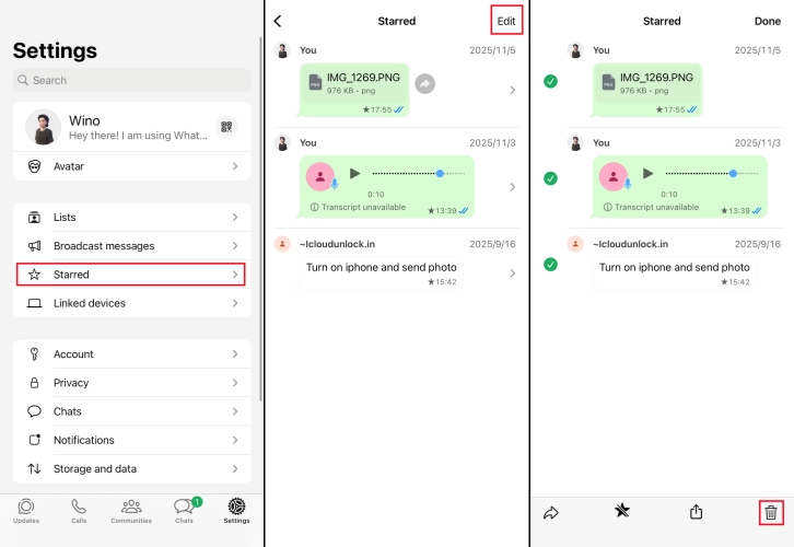 delete whatsapp starred messages on iphone