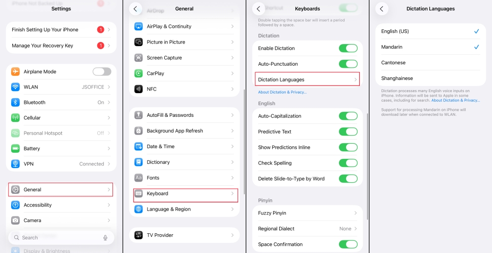 check dictation language settings on iphone