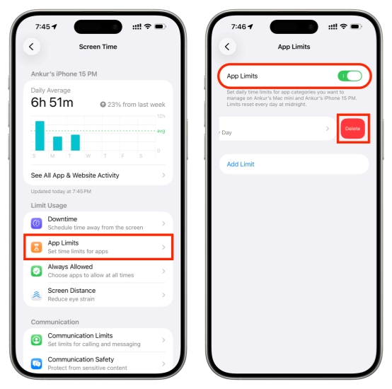 disable app limit on iphone