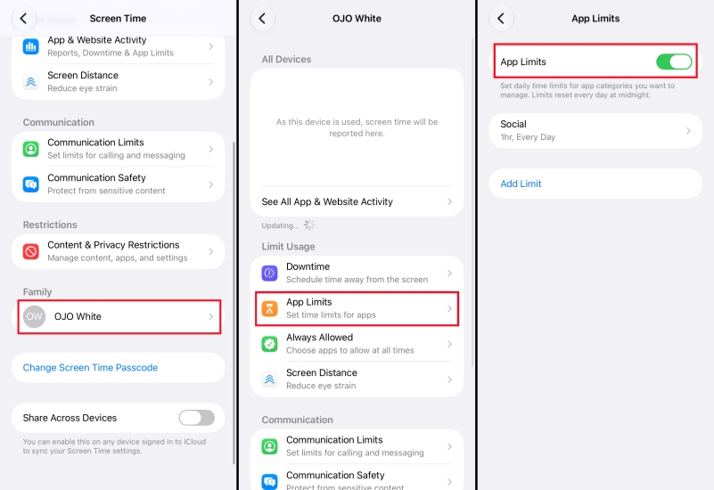 disable app limits via family sharing