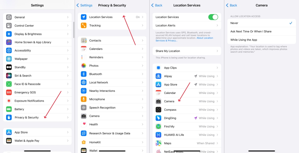 disable camera location service on iphone