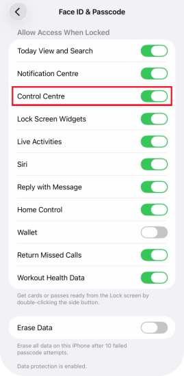 disable control center when iphone is locked