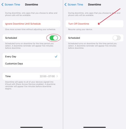 disable downtime on iphone