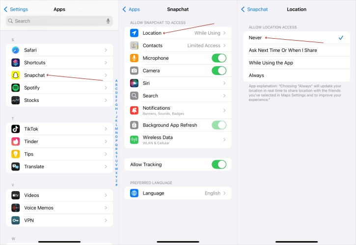 disable location services for sanpchat iphone