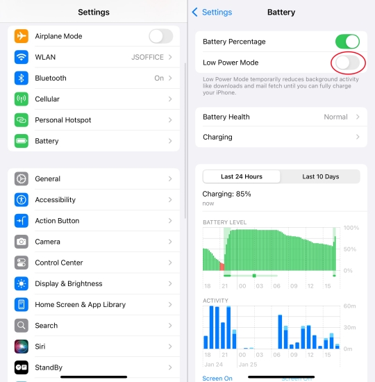 disable low power mode on iphone