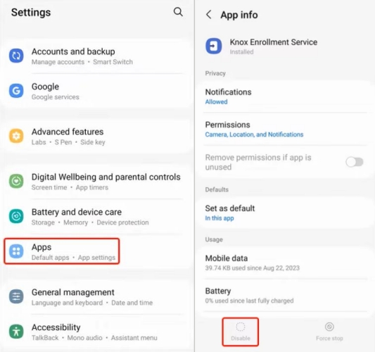 disable samsung knox in settings