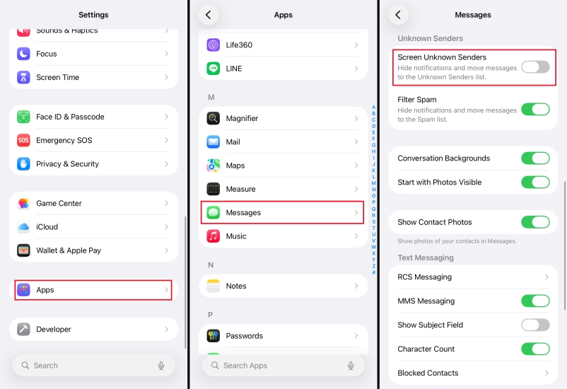 disable screen unknown senders on iphone