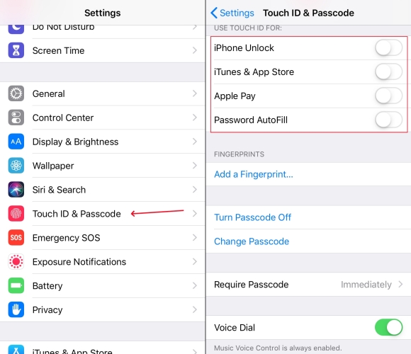disable touch id on iphone