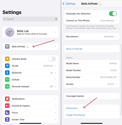 disconnect bluetooth headphones to iphone
