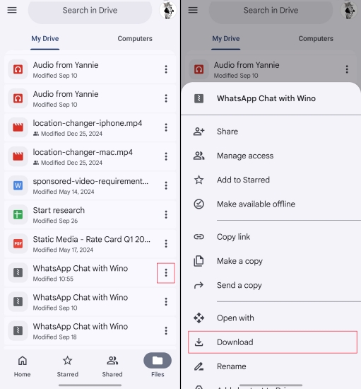 download exported whatsapp chat in google drive