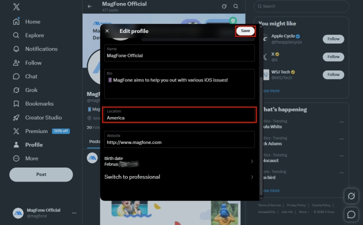 edit location twitter profile