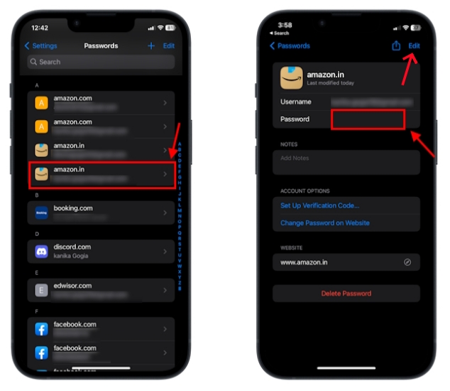 edit saved email password in iphone settings