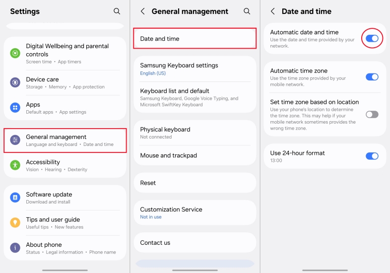 enable automatic date on samsung phone