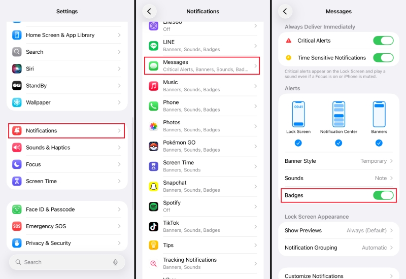 enable the messages app badges on iphone