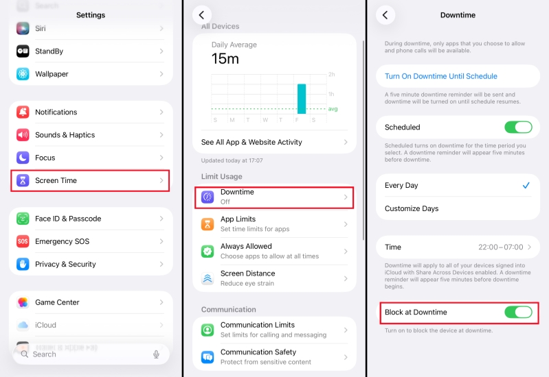 turn on block at downtime on iphone