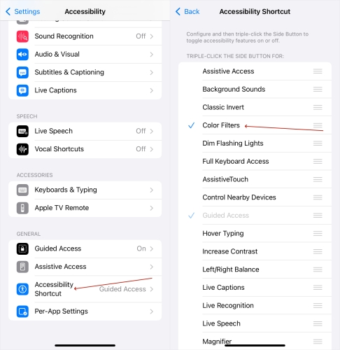 enable color filters shortcut iphone