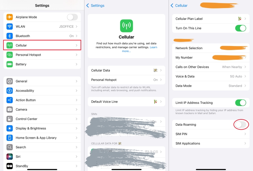 turn on data roaming on iphone