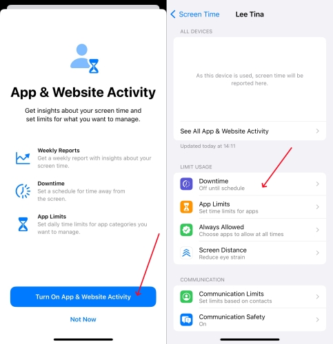 set downtime on iphone for child