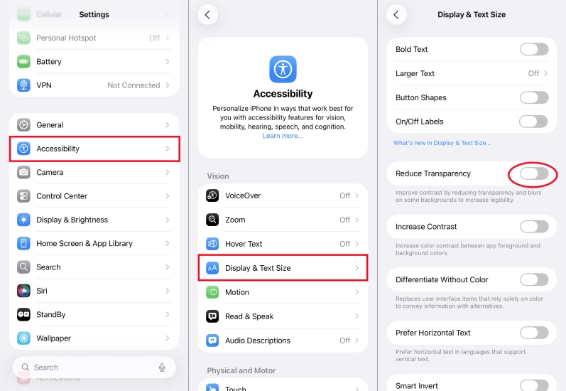 turn on reduce transparency on iphone