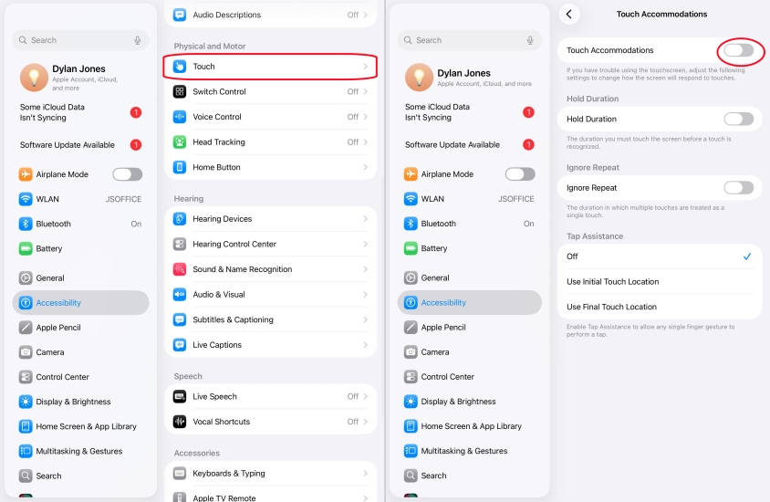 enable touch accommodations on ipad
