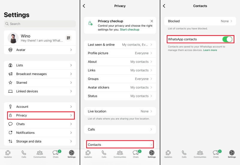 enable whatsapp contacts on iphone