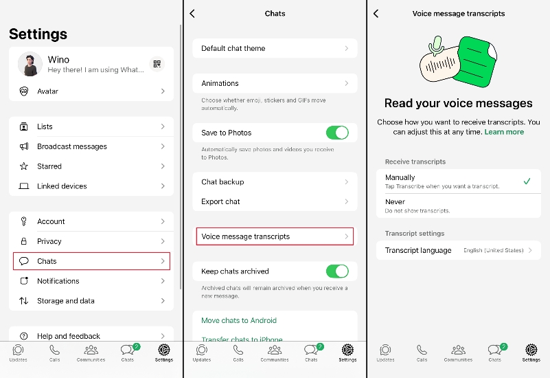 enable whatsapp voice message transcripts on iphone