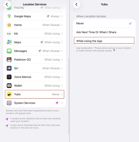enable yubo location services iphone