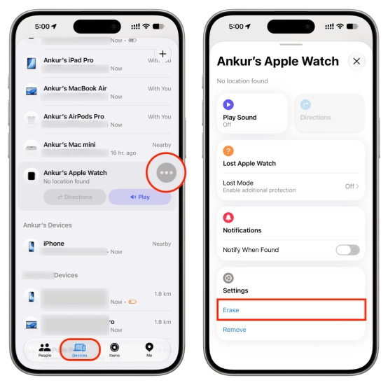 erase apple watch in find my app