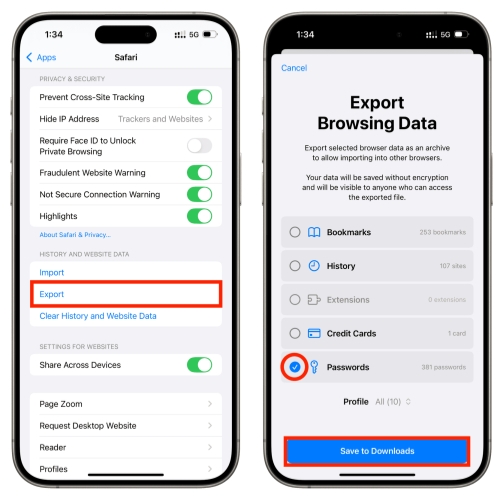 export safari passwords on iphone