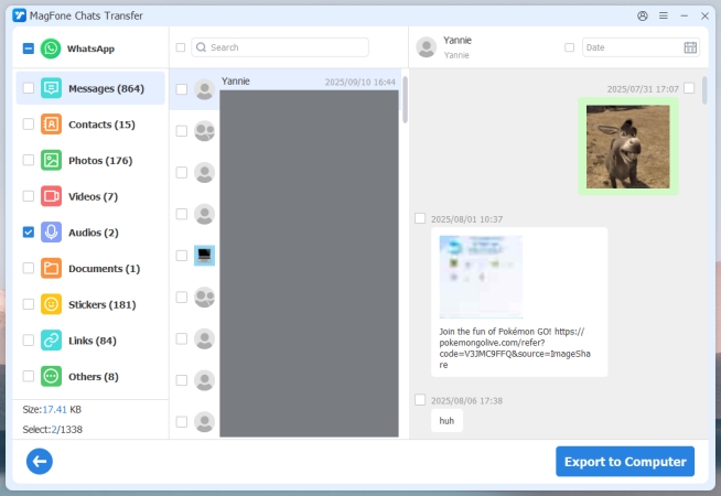 export whatsapp audio to computer via magfone