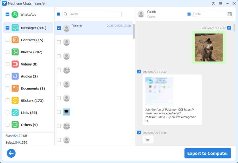 export whatsapp chat to computer via magfone