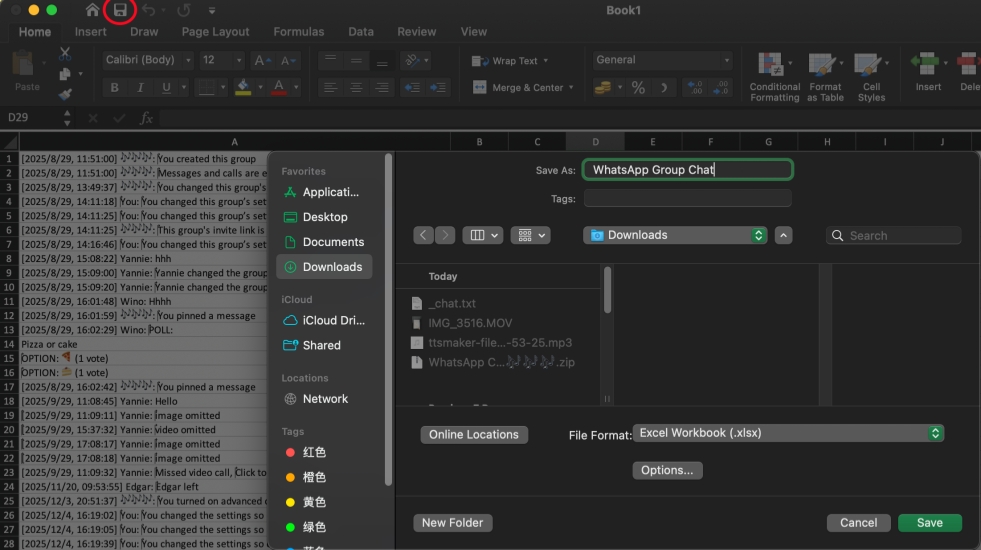export whatsapp group chat in excel from html