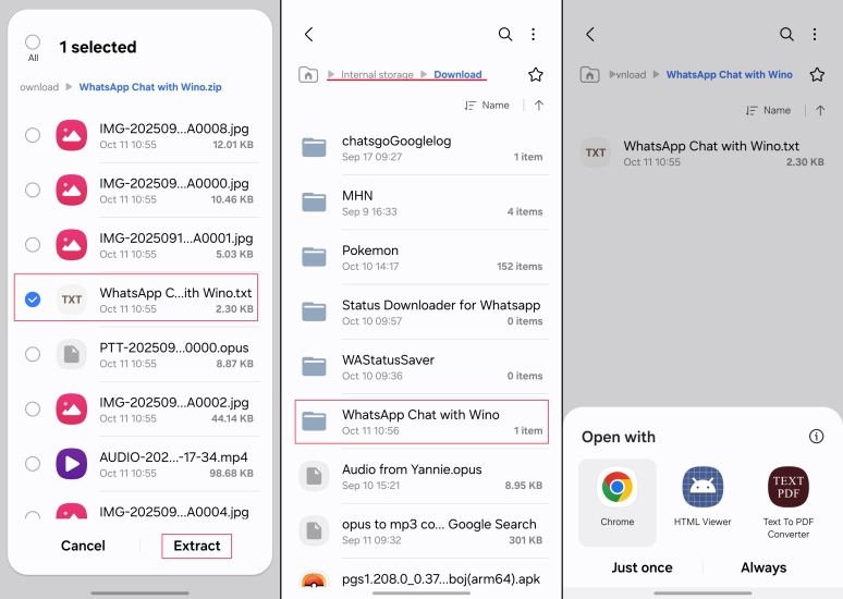 extract the exported whatsapp chat in file manager