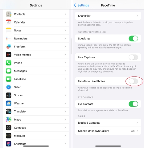 turn on facetime live photos on iphone