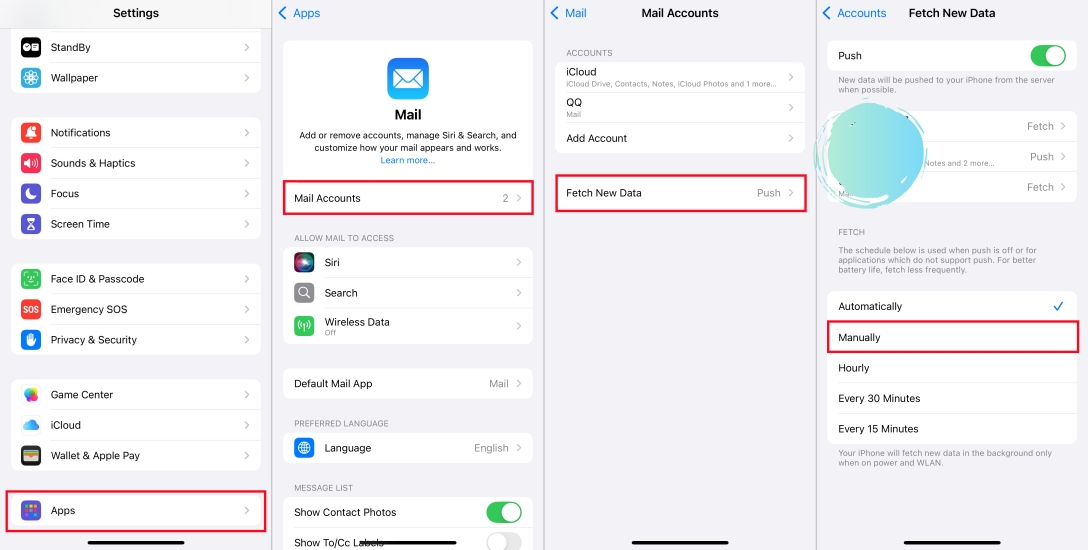 set fetch new data for mail on iphone