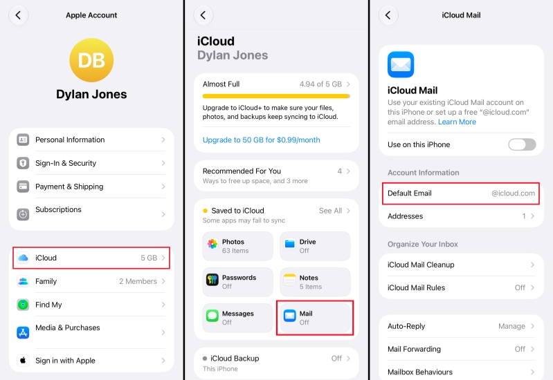 check icloud mail address on iphone