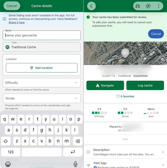 geocaching app submit cache
