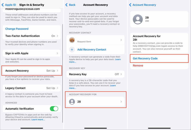 get apple account recovery code for contact