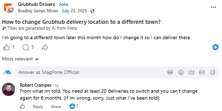 grubhub driver location change comment