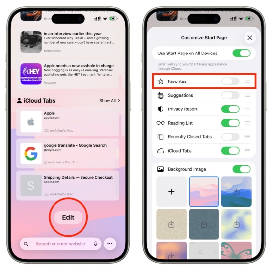 hide safari favorites on iphone